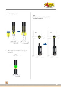 Instruksjonsbilde som viser hvordan man monterer isolasjon på et rør, med før/etter-visning og målinger.
