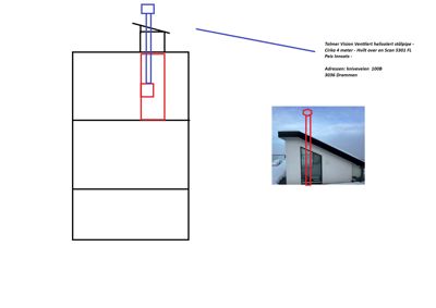 En tegning som viser en ventilert helisolert stålpipe med mål og plassering i forhold til en bygning, sammen med et tilhørende fotografi.