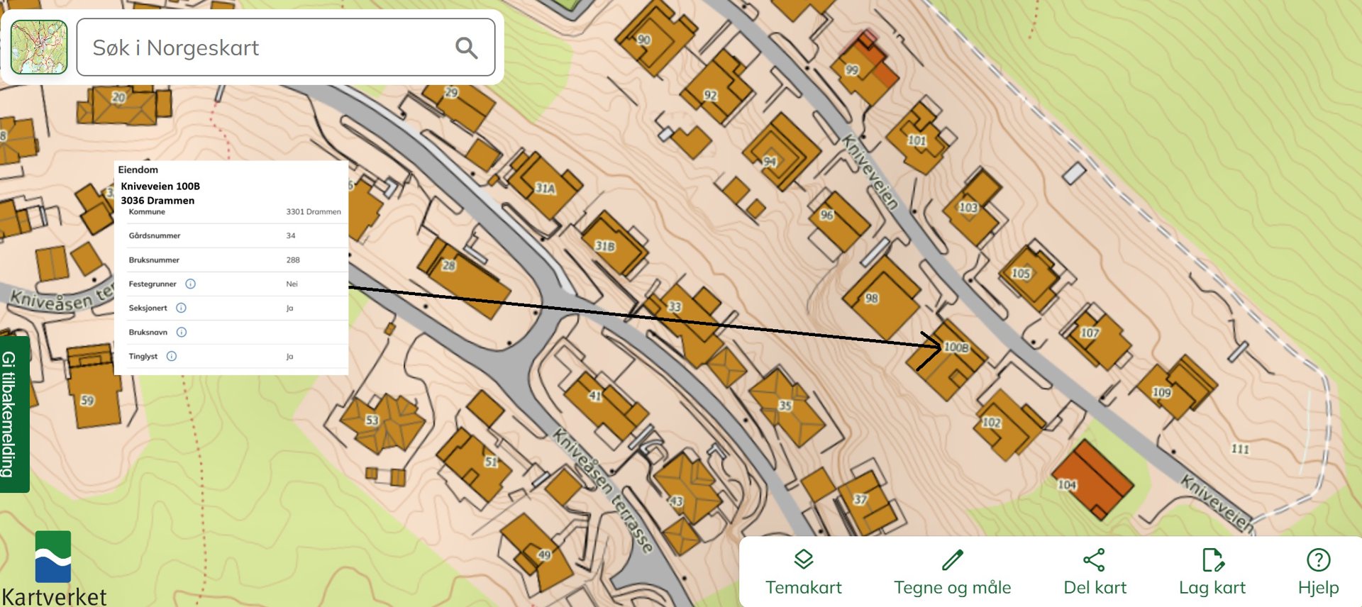 Et digitalt kart som viser et boligområde med hus, veier og terrengforhold.
