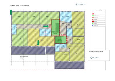 Etasjeplan for et bygg (OSO MARITIM) som viser romfordeling, brannvegger og brannutrymningsveier.