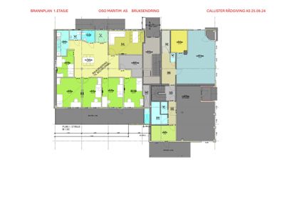 Etasjeplan (brannplan) for 1. etasje av en bygning, som viser romfordeling, vegger og dører.