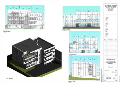 Fasadetegninger for en bygning, inkludert etasjeplaner, oppriss og 3D-modell.