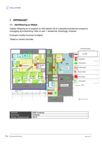 Etasjeplan (plan 1) som viser romfordeling, bruksendringer (kontor til leilighet) og brannsikringstiltak.