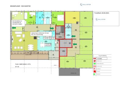 Etasjeplan (3. etasje) for en brannplanlegging i et kontorbygg. Planen viser romfordeling, utvendige ledd for rømning, plassering av slukkeutstyr og brannsoner.