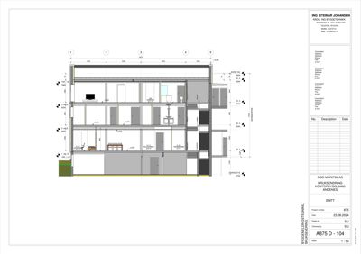 Snittegning (snitt 875) av et kontorbygg som viser romfordeling, høyder og konstruksjoner.
