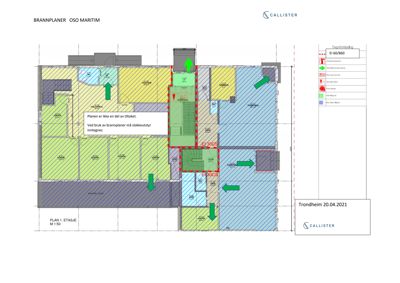 En brannplan (etasjeplan) som viser romfordeling, utrymningsveier og brannsoner for et bygg.
