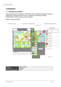 Etasjeplan (1. etasje) som viser romfordeling, brannveier, utrykningsveier og brannutstyr.