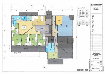 Etasjeplan (Plan 1) som viser romfordeling, dimensjoner og arealoppdeling for en bygning.