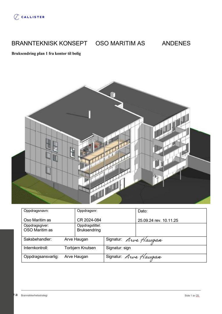 3D-visualisering av en bygning med snitt for å vise innvendig oppbygning og brannkonsept.
