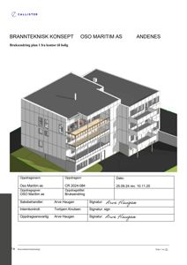 3D-visualisering av en bygning med snitt for å vise innvendig oppbygning og brannkonsept.
