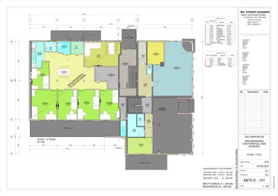 Etasjeplan (PLAN 1. ETASJE) som viser romfordeling, dimensjoner og arealoppdeling for et bygg.