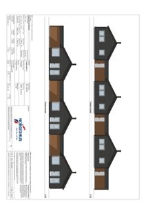 Fasadetegning som viser front og sideopprikk av en bolig med mål og detaljer.