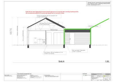Snittegning (Snitt A) som viser bygningens tverrsnitt, konstruksjonsdetaljer og materialer.