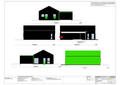 Fasadetegning som viser bygningens utsyn fra fire ulike sider (Fasade 1-4) med skisse over vinduer og dører.