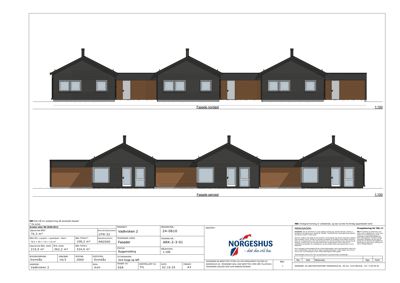 Fasadetegning som viser bygningens utseende sett fra nord og sør.