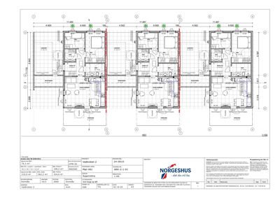 Etasjeplan (H01) for et flerfamiliehus med romfordeling, mål og tekniske opplysninger.