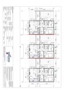 Etasjeplan (Vedlegg 2) som viser romfordeling, dimensjoner og innredning for tre leiligheter i en bygning.