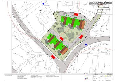 Situasjonsplan som viser tomtens grenser, nabolag, veier og plassering av nye bygg i forhold til eksisterende bebyggelse.