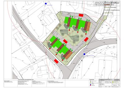 Situasjonsplan som viser tomtens beliggenhet i forhold til nabolag, veier og overordnede brannsikringskrav.