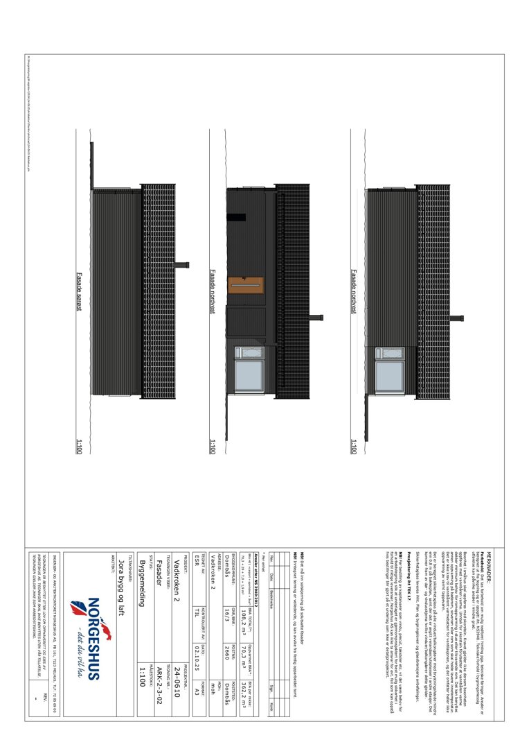 Fasadetegning som viser tre ulike vinkler (for, side og bak) på en bygning, inkludert detaljer om vinduer og tak.