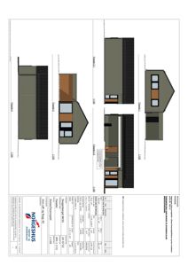 Fasadetegning som viser bygningens utseende fra fire ulike vinkler (Fasade 1-4) med mål og detaljer.