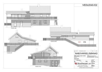 Fasadetegning som viser bygningens utseende fra fire sider (Sør, Nord, Øst, Vest).