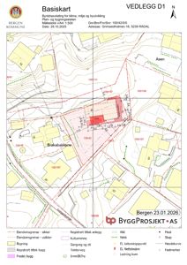 Basiskart (situasjonsplan) som viser eiendomsgrenser, høydekurver, eksisterende bygninger og planlagt tiltak for Grimseidholmen 16.