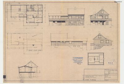 En tegning som viser en kombinasjon av etasjeplaner (romfordeling) og fasadeopprikk for en bygning.