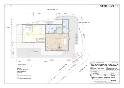 Etasjeplan (1. etasje) med romfordeling, dimensjoner og arealoppdelinger for en byggesak.