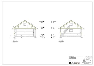 Tegning som viser tverrsnitt gjennom en garasje (Snitt AA) og en bolig (Snitt BB) med mål og konstruksjonsdetaljer.