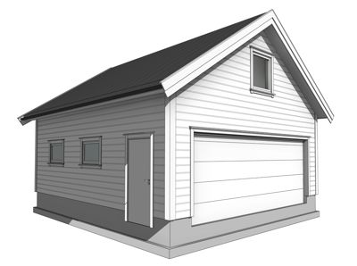 3D-visualisering (rendering) av en husfasade med garasjeport, vinduer og tak.