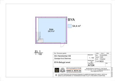 Etasjeplan (Et. 1) som viser bebygget areal (BYA) på 54,4 m² med en trapp i hjørnet.