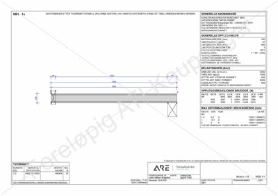 Tegning som viser et tverrsnitt av en konstruksjon (kalt 'AVSTIVN') med angitte dimensjoner, materialer og beregningsdata for stabilitet og bruddgrenser.
