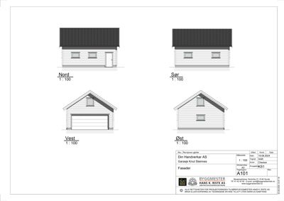 Fasadetegning som viser bygningens utseende fra alle fire sider (Nord, Sør, Vest, Øst).