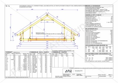 Tegning som viser avstivninger i henhold til tværssnittstabell, med detaljer om dimensjoner, materialer og belastninger.
