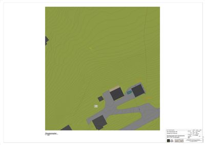 Situasjonsplan som viser topografi (konturlinjer), bygninger, veier og eiendomsinndeling.