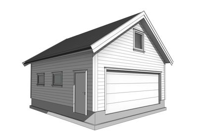 3D-visualisering (rendering) av en husfasade med garasjeport, vinduer og tak.