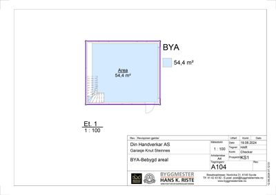 Etasjeplan for første etasje (Et. 1) som viser et bebygd areal på 54,4 m² med en garasje.