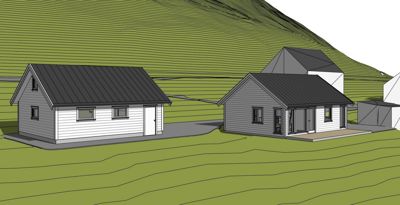 3D-visualisering av to hus på et grønt, kupert terreng med en skråning i bakgrunnen.