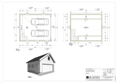 Bildet viser etasjeplaner (El. 1 og El. 2) for en garasje med to bilplasser, inkludert mål, døråpninger og en 3D-visualisering (rendering) av fasaden.