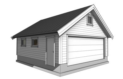 3D-visualisering (rendering) av en liten bygning, sannsynligvis en garasje eller uthus, sett fra en vinkel som viser fasade og tak.