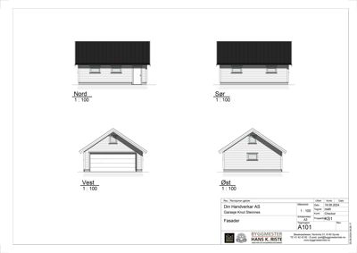 Fasadetegning som viser bygningens utsyn fra alle fire sider (Nord, Sør, Vest, Øst).