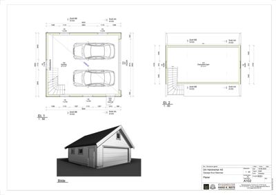 Etasjeplan (Et. 1 og Et. 2) med dimensjoner, snittreferanser og en 3D-visualisering (rendering) av fasaden.