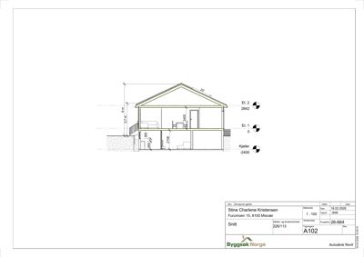 Snittegning som viser bygningens tverrsnitt, høyder, etasjer og innvendig oppdeling.