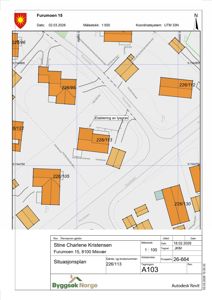 Situasjonsplan som viser eiendommen Furumoens 15 med tilhørende tomtegrunn, naboeiendommer og veisystem.
