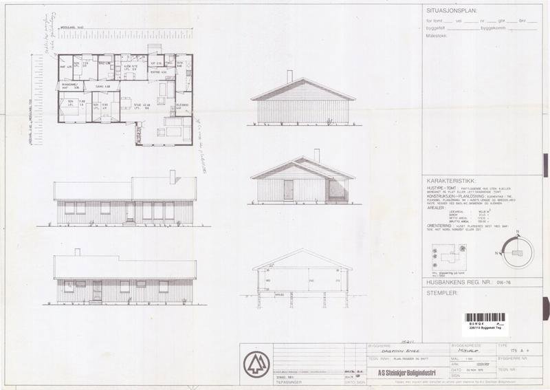 Situasjonsplan med fasadeopprikk og karakteristikk for en husbank.