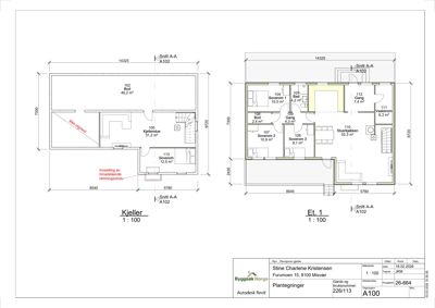 Plantegning som viser romfordeling og arealer for kjeller- og 1.etasje.