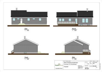Fasadetegning som viser bygningens utseende fra alle fire sider (Sør, Nord, Vest, Øst) med mål 1:100.