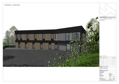3D-visualisering (rendering) av fasaden på en bygning sett fra sør.