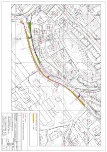 Situasjonsplan som viser topografi, eiendomsgrenser, eksisterende og planlagt infrastruktur (veier, vannledninger) samt bygninger på tomt.